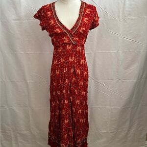 Red Bohemian Floral Midi Dress Size Small | Empire Waist Lightweight Summer